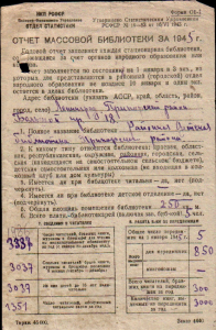 Сохранились отчеты за 1945 год: Отчет по социалистическому соревнованию за 1945 год и отчет по контрольным показателям библиотеки за 1945